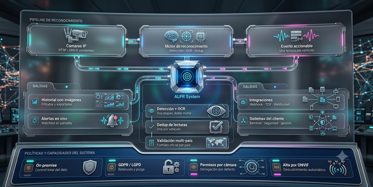 Arquitectura de ALPR System: las cámaras IP alimentan el motor de reconocimiento, que distribuye una lectura por vehículo al historial, las alertas y las integraciones, sobre un despliegue on-premise con cumplimiento GDPR/LGPD.