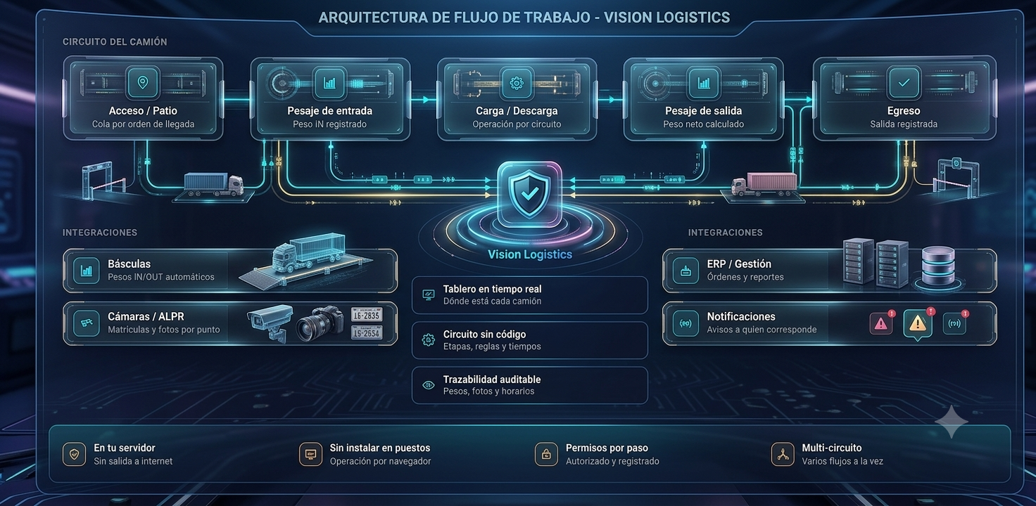 Arquitectura de Vision Logistics: el circuito del camión (acceso, pesaje de entrada, carga/descarga, pesaje de salida, egreso) alimenta la plataforma con tablero en tiempo real, circuito sin código y trazabilidad auditable, integrada con básculas, cámaras/ALPR, ERP y notificaciones.